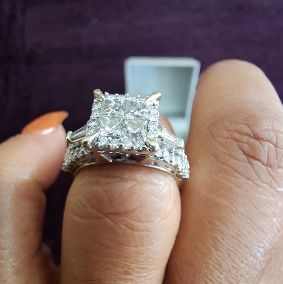 Zales 14K White Gold Princess-Cut Diamond Engagement Ring & Wedding Band Set - Picture 7 of 13